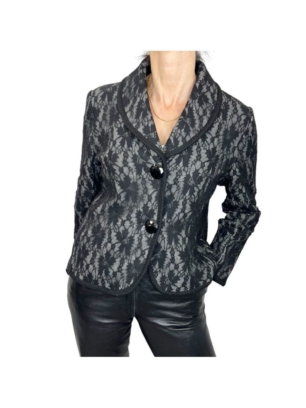 Vintage 90s grey wool blend knit black lace overlay jacket blazer M